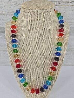 Colorful Faceted GLASS CRYSTALS BEADED Statement Necklace Multicolor Rainbow....